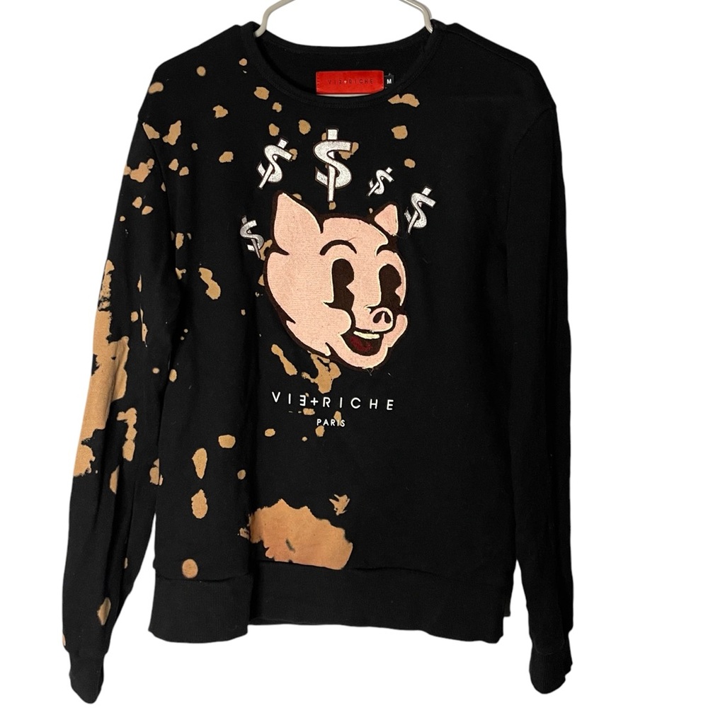 Vie + Riche Paris Sweatshirt Mens Medium Black Embroidered Pig Bleached Pullover